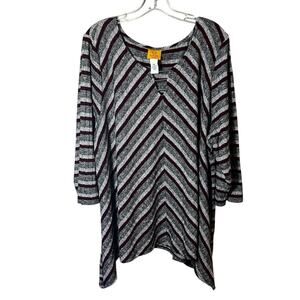 Ruby Rd 3XL Striped Tunic Blouse Red Silver Glitter V Neck 3/4 Sleeve Holiday